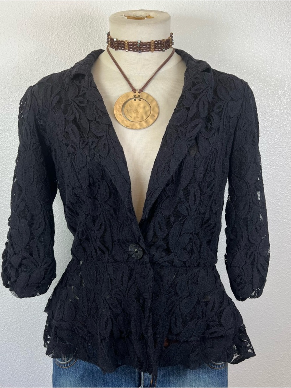 Navy Blue Lace Peplum Blazer Jacket